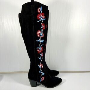 Carlos Santana Alexia Tall Black Floral Embroidered Heeled Boots Womens 6.5